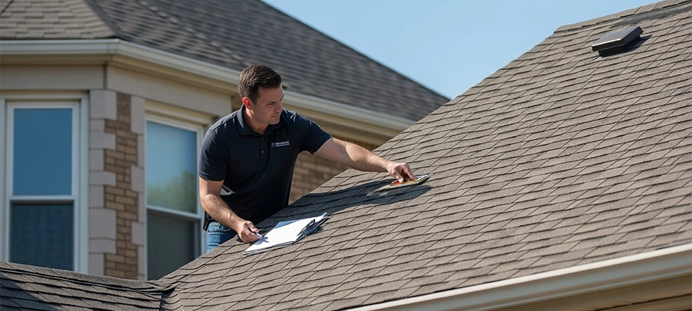 We inspect your roof First, we conduct a roof inspection process to assess the damage. We’ll review every detail to determine if your Chicago property is eligible for a claim. Man with dark tshirt