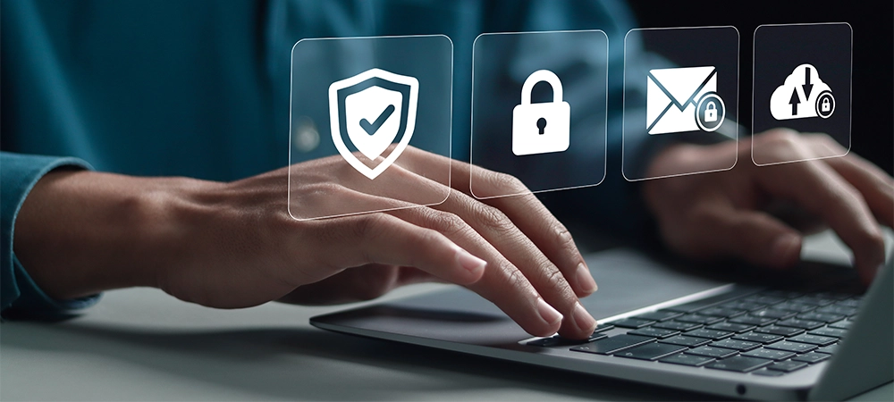 Cyber insurance concept. Insurance that protects your organization from cyber threats. Businessman using laptop with cyber insurance icon on virtual screen