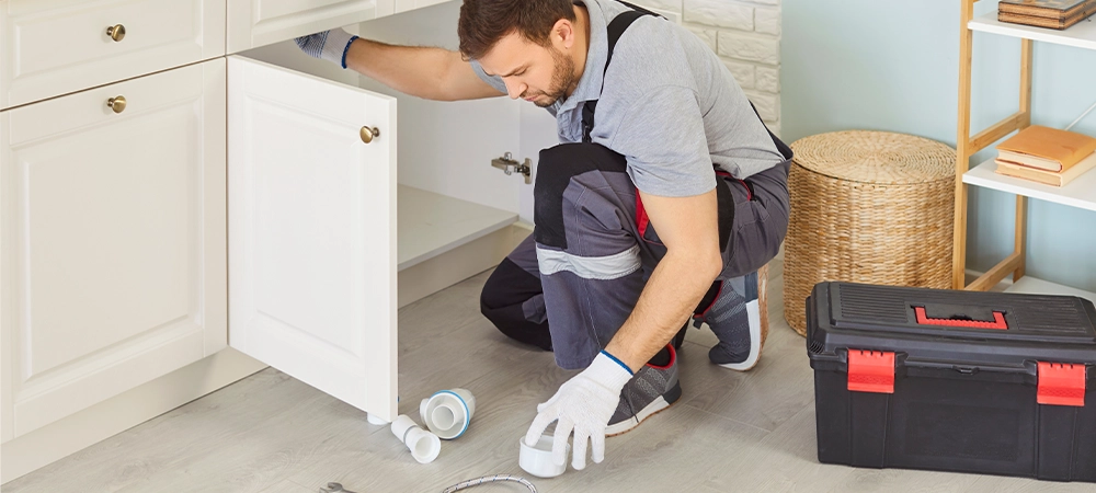 Plumber working under sink, service, professional skilled male worker fixing fits and repairs pipes, fittings, water supply, sanitation, systems of plumbing, sewage, emergency installations, check